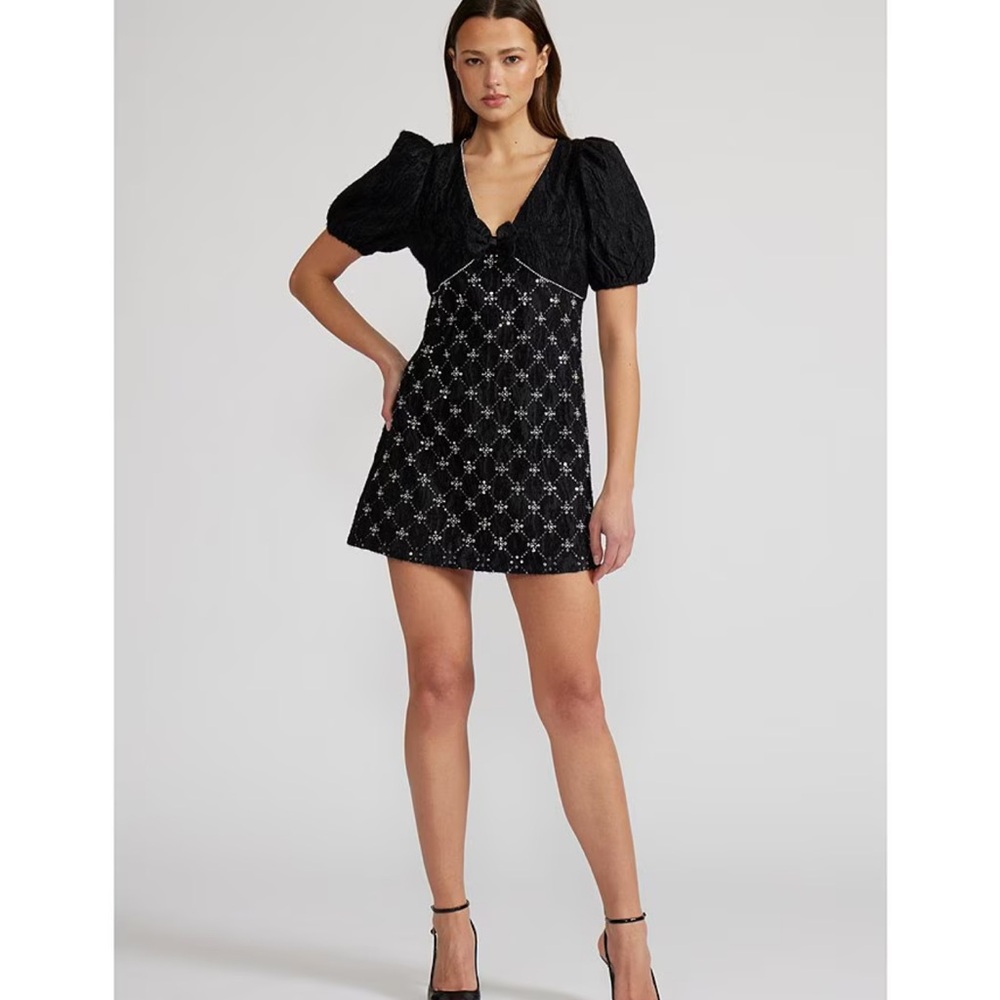 Samira Embellish V-Neck Puff Sleeves Mini Dress